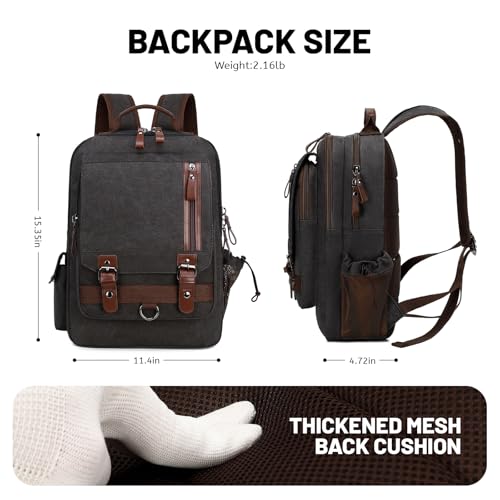 Lanola Water-resistant Canvas Backpack with Anti-Theft Pocket, Daypacks Fits 15.6 Inch Laptop for Men Perfect for Work, Travel, Daily Use (Black) - color: Black