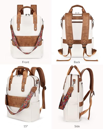 Leather Laptop Backpack 15.6 inch Womens Computer Bag Beige | 3-in-1 laptop purse: Dedicated 15.6" Compartment, 7-Pocket Organizer, Colorful Shoulder Strap, Work & Travel Ready - color: Beige Brown