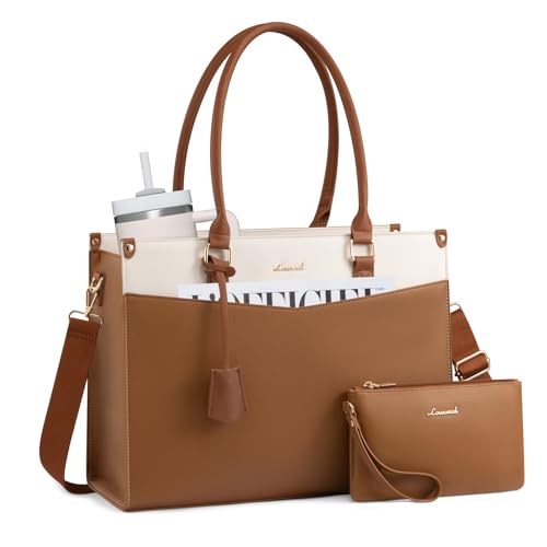 LOVEVOOK Laptop Bag for Women, 2-in-1 Tote Purse with Clutch & Cup Holder, Waterproof Briefcase for Work Travel - color: Sandy Brown-beige-dark Brown, size: 15.6 inch