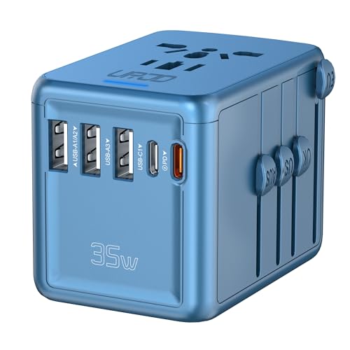Universal Travel Adapter, 35W PD Fast Charging for Europe UK US Japan | 2 USB C 3 USB A & 2500W AC Outlet, International Power Adapter for 200+ Countries, Compatible for iPhone, MacBook, Tablet - color: PD35W-3A2C-metallic blue