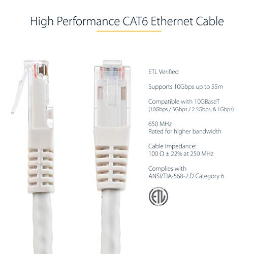 StarTech 1ft CAT6 Ethernet Cable - White CAT 6 Gigabit Ethernet Wire -250Mhz 100W PoE RJ45 UTP Molded Network Patch Cord with Strain Relief (C6PATCH1WH) | 250MHz bandwidth, Gold-plated RJ45, Patch Cable, Ethernet Cord, UTP Molded Network, Strain Relief, 1