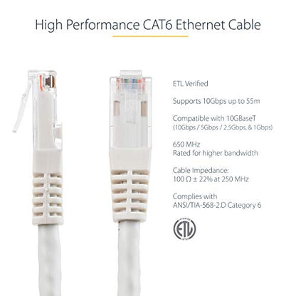 StarTech 1ft CAT6 Ethernet Cable - White CAT 6 Gigabit Ethernet Wire -250Mhz 100W PoE RJ45 UTP Molded Network Patch Cord with Strain Relief (C6PATCH1WH) | 250MHz bandwidth, Gold-plated RJ45, Patch Cable, Ethernet Cord, UTP Molded Network, Strain Relief, 1