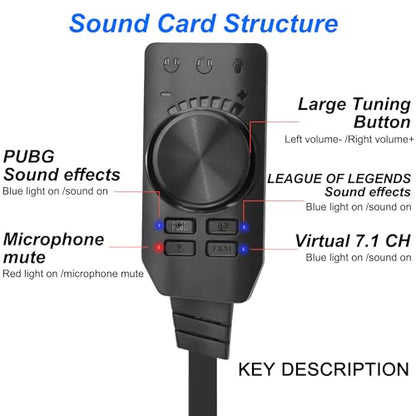 MEIRIYFA External USB Sound Card Virtual 7.1 Surround Sound USB 2.0 Sound Card Adapter for PC with Volume Control, USB to 3.5mm Jack Audio Adapter Cable Plug and Play