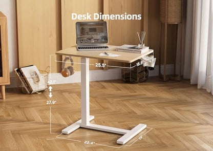 Claiks Mobile Standing Desk with Cup Holder Overbed Table 25.5" Natural | Cup Holder, Rolling Adjustable Desk, Hidden Wheels, Gas Spring Lift, Side Hook, Easy Assembly, Hospital Use - color: Natural