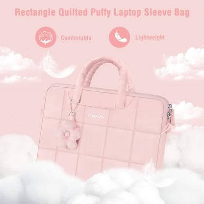 MOSISO Laptop Bag 16 inch, 15-15.6 inch Puffy Laptop Sleeve Compatible with MacBook Pro 16/Air 15,HP Acer Dell Lenovo Notebook, Messenger Briefcase Quilted Bag with Trolley Sleeve&Flower Pendant, Pink - color: Pink
