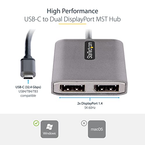 StarTech USB-C Multi-Monitor MST Hub, Dual 5K 60Hz DP, HDR, Windows Only | Laptop display extender, Dual 5K 60Hz, DSC, 2ch audio, HDCP 2.2, Extra-long built-in cable, Windows only - size: 2 x DP 1.4