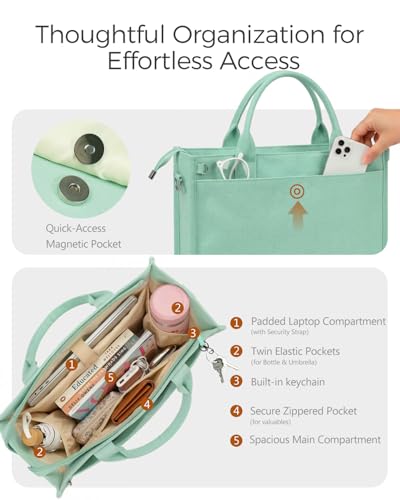 Canvas Tote Bag for Women With Zipper,14" Laptop Tote Bag for Work | Water Bottle Pocket,Padded Laptop Sleeve,Inner Key Leash,Premium Metal Hardware,Structured Canvas - color: Sage Breeze