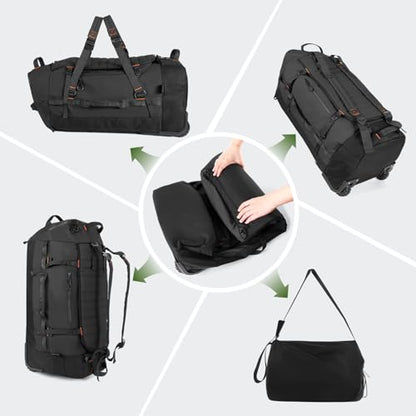 Vomgomfom 86L Collapsible Wheeled Duffle Bag Waterproof, Black | Detachable Backpack Straps, Padded Laptop Sleeve, Quilted Reinforced Base, U-Shape Mesh Pocket, Shoe Compartment - color: Black