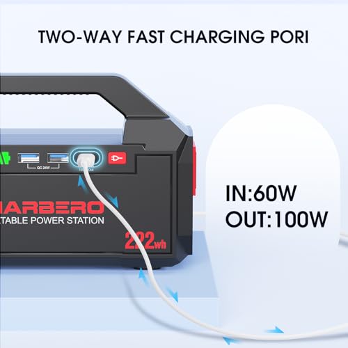 MARBERO Portable Power Station 222Wh Battery Pack 100W (150W Surge) Power Bank Flashlight High Lumens Fast Charging Power Bank with AC Outlet for Outdoor Camping Hurricane Backup Emergencies - color: Red