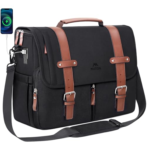 MATEIN Messenger Bag with USB Charging Port, 15.6 inch Laptop Bag | Mens Crossbody Satchel, Work Computer Case, College Briefcase, Large Handbag, Shoulder Strap, Water Resistant, Black - color: Black, size: 15.6 inch