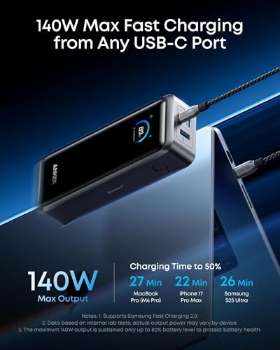 Anker Prime Power Bank, 26,250mAh 300W Fast Charging | 3-Port Portable Charger, Two-Way Charging, TSA-Approved, App Control, for MacBook, iPhone 17 / 16 Series (Base Not Included)