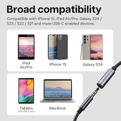 MMOBIEL USB C to 3.5mm Splitter Headphone and Charger 2-in-1 Aux Adapter 60W Fast Charging and 32-Bit Hi-Res Audio Mic & Headset Support Compatible with iPhone 17 16 15, iPad Pro/Air, Galaxy S26–S21 - size: 32 Bit