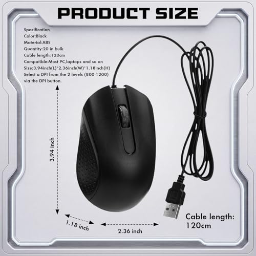 Tallew 20 Pack USB Wired Mouse with 20 Mouse Pads, 3-Button Corded Computer Mice Bulk for PC Desktop, Laptop, Office, School Classroom Use, Black