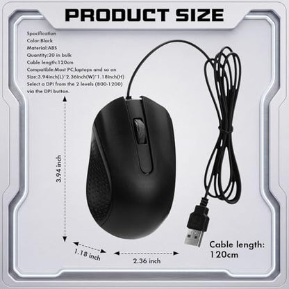 Tallew 20 Pack USB Wired Mouse with 20 Mouse Pads, 3-Button Corded Computer Mice Bulk for PC Desktop, Laptop, Office, School Classroom Use, Black