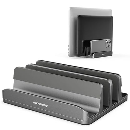 AboveTEK Vertical Laptop Stand, 3 Slots Aluminum Desk Laptop Holder & Laptop Docking Station Stand for MacBook, Tablet, Phone - Universal Fit (Up to 17.3") - Heavy Duty Polished, Anti Slide - Grey - color: Grey