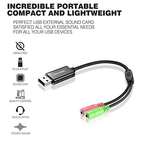 USB Audio Adapter with 3.5mm Jack External USB Sound Adapter - 30CM | USB External Stereo Sound Card with 3.5mm Earphone and Microphone for PS4, PS5, Windows, Mac, Linux, Plug and Play - size: 9.8 inch / 25 cm