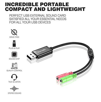 USB Audio Adapter with 3.5mm Jack External USB Sound Adapter - 30CM | USB External Stereo Sound Card with 3.5mm Earphone and Microphone for PS4, PS5, Windows, Mac, Linux, Plug and Play - size: 9.8 inch / 25 cm