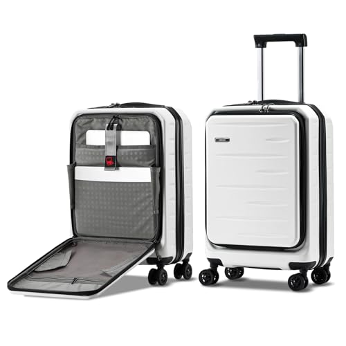 CENSIEN 20 Inch Carry On Luggage 22×14×9 Airline Approved with Front Pocket | Front Opening with Laptop Pocket,Lightweight ABS+PC Hard Shell Suitcases,360° Spinner Wheels,TSA Lock,YKK Zipper,White - color: White, size: 20 Inch