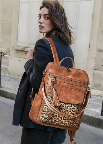 Laptop Backpack for Women 15.6 inch,Travel Leather Backpack Purse Nurse Teacher Carry on Backpack Computer Bag,Professional Water-Resistant College Business Work Casual Daypack,Two-tone Maroon - color: Brown With Leopard