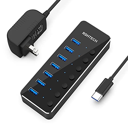Powered USB Hub RSHTECH Type C to 7 Port USB 3.0 Data Port Hub Expander Aluminum Portable Splitter with Universal 5V AC Adapter and Individual On/Off Switches for Laptop and PC(Black) - size: 7-Port Powered USB C Hub