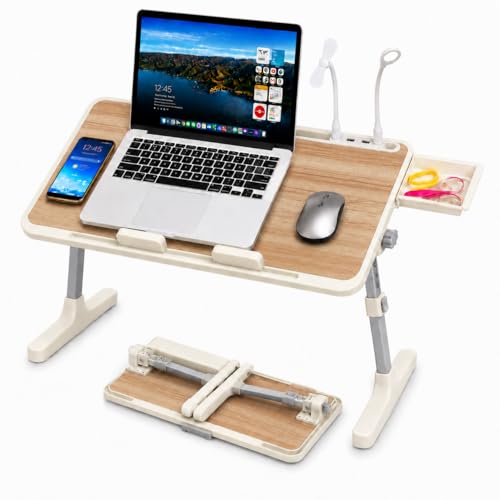 Laptop Desk for Bed, Height & Angle Adjustable Lap Desk with USB Cooling Fan, LED Light and USB Ports, Foldable Portable Laptop Table for Couch, Sofa, Floor, Reading, Writing (Walnut) - color: Walnut