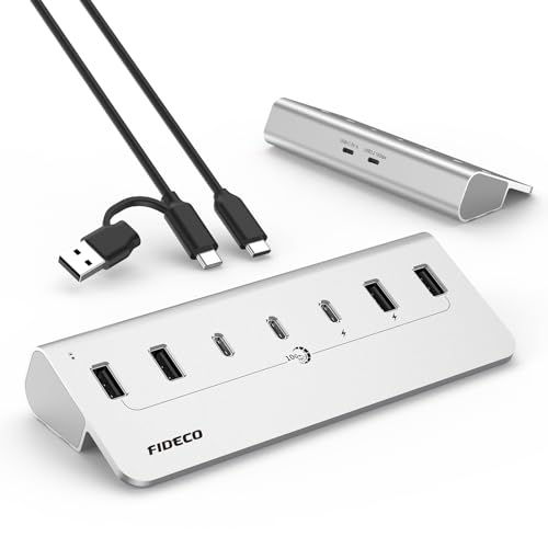 FIDECO Powered USB Hub, 7 Port 10Gbps Fast Data Hub for iPhone 16/15 and Laptop, Full Aluminum USB Splitter with 5V 3A Power Adapter, 4 USB A and 3 USB C Ports, Support BC1.2 Charging (Silver) - color: Silver