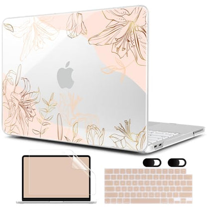 MEEgoodo 4-in-1 Printed Case for MacBook Neo 13 inch 2026 Release Model A3404, Laptop Hard Shell Cases with Keyboard Skin & Screen Protector & Webcam Covers, Gold Flowers Lilies - color: Gold Flowers Lilies