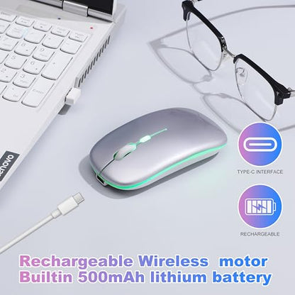 Wireless Bluetooth Mouse Rechargeable Long Lasting Dual Mode - BT 5.2 & 2.4G Silent RGB LED Mice, Slim Portable Ergonomic Mouse for Laptop/PC/Tablet/MacBook/iPad/Apple Devices (Silver) - color: Silver