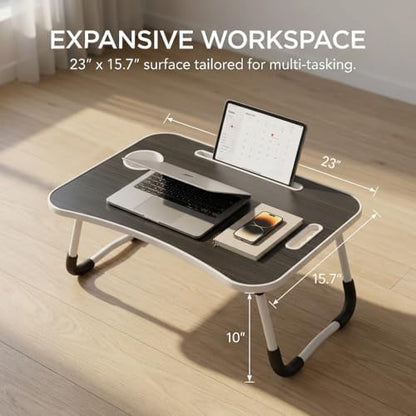 BUYIFY 23" Foldable Lap Desk for Laptop Writing w/Cup Holder Black | Sturdy and Durable, Laptop Bed Desk with Tablet Slot, No Assembly, Space Saving for Bed Couch Dorm WFH Students - color: Black-gold