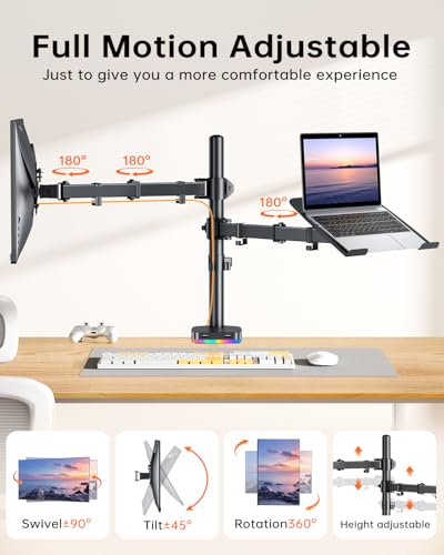 RGB Monitor and Laptop Mount Stand with 3 USB Ports, Charging and USB Data Transfer, Adjustable laptop stand for 13" to 32" Screen and 11"-17” Laptop, Holds 18lbs/Arm, 75x75/100x100 VESA, C-Clamp