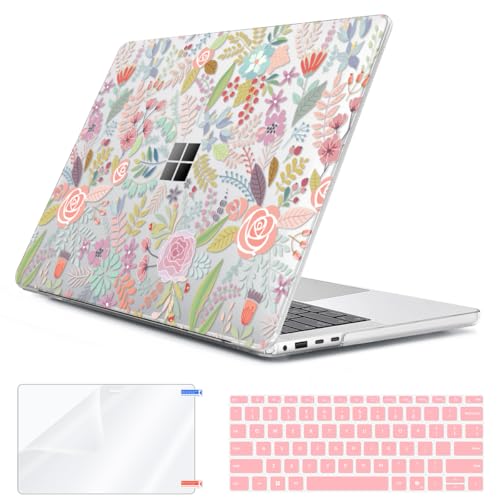 Case Compatible with 13.8" Microsoft Surface Laptop 7 Windows 11 PC 2024 Release Model 2036, Plastic Hard Shell Case + Keyboard Cover + Screen Protector + Webcam Cover, Pink Flower - color: Pink Flower