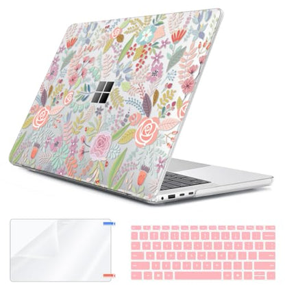 Case Compatible with 13.8" Microsoft Surface Laptop 7 Windows 11 PC 2024 Release Model 2036, Plastic Hard Shell Case + Keyboard Cover + Screen Protector + Webcam Cover, Pink Flower - color: Pink Flower