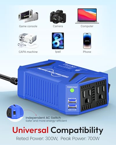 BESTEK Pure Sine Wave Power Inverter, 300W DC 12-17V to 110V AC Car Adapter | Vehicle Plug in Cigarette Lighter Outlet Solar Inverter, 4.8A Dual USB Fast Charging Ports for Phone, Laptop, CPAP(Blue) - color: Blue
