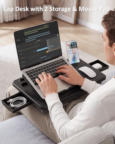 Adjustable Lap Desk with Cushion Stroage Rotatable Phone Stand | Laptop Lap Desk with 8 Angles Adjustable Mouse Pad and iPad Stand for Bed Couch Car Home Office, Fits up to 14" Laptop - size: MAX