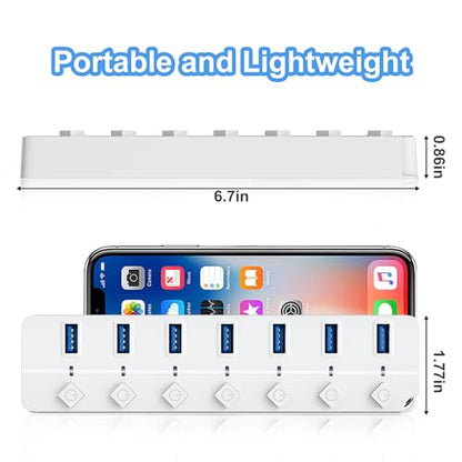 USB Hub 7 Port, USB Splitter with Individual On/Off Switches and Lights | USB 3.0 Hub with 3.3ft Cable, Extender for A Port Laptop, PC, Desktop-White - color: White