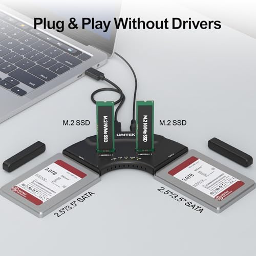 Unitek 4-Bay USB-C Adapter, 2X M.2 + 2X SATA, 10Gbps, Tool-Free | Simultaneous 4-Drive Access; 2 M.2 (NVMe/SATA) + 2 SATA (2.5/3.5"); Hot-Swap; UASP/TRIM; USB-C Cable & 12V Adapter Included - color: Black USB-C M.2 & 2.5/3.5"