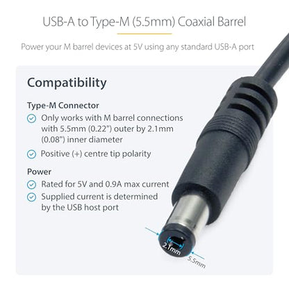 StarTech 3FT USB to Type M Barrel DC Power Cable | USB-A to 5.5mm Type M barrel, 5V DC power, Molded strain relief, Barrel Jack plug, Shielded - size: 3 ft / 1m, style: Type M