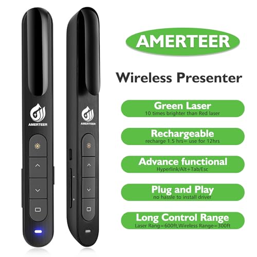 AMERTEER Wireless Presentation clicker for Powerpoint Presentations, Green Light Rechargeable Powerpoint Clicker with Laser Pointer Support Hyperlink RF 2.4GHz (1 PCS) - color: Green Light