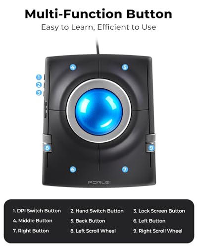 Wired Trackball Mouse, Ergonomic Finger Control Trackball with 55mm Large Ball, 4-Level Adjustable DPI, Ambidextrous Design, Wrist Rest Included, Compatible for PC, Laptop, Mac, Windows-Blue