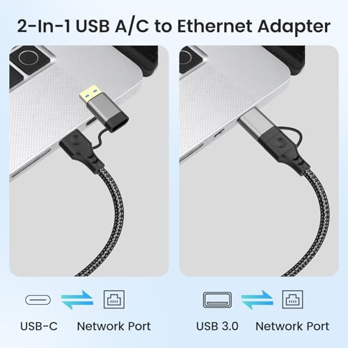 2-IN-1 Ethernet to USB A/C Cable Adapter, USB 3.0 to Ethernet Cable - 6.6FT, USB C to RJ45 Gigabit Network Adapter for Laptop, Compatible with MacBook/Surface/iPad Pro/Phone, Windows 11/10/8/7, Mac OS - size: 6.6FT