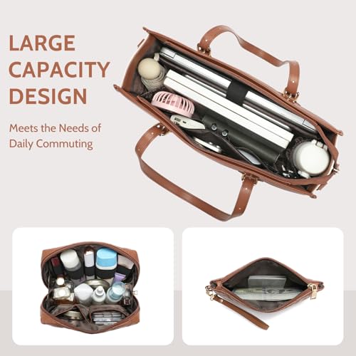Keyli 3pcs Laptop Bag for Women,15.6 Inch Canvas Tote Bag Work Bags Large Business Computer Briefcase Shoulder Handbag Purse - color: S-brown+khaki