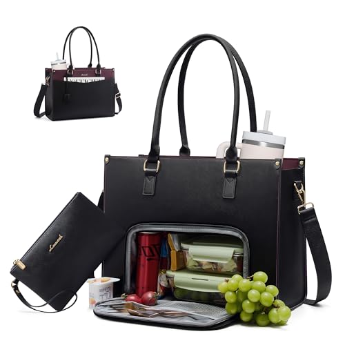 LOVEVOOK Laptop Bag for Women, 2-in-1 Tote Purse with Clutch & Cup Holder, Waterproof Briefcase for Work Travel - color: Burgundy Red-black, size: 15.6 inch