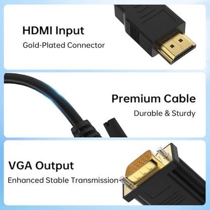 HDMI to VGA Cable 6FT, Gold-Plated 1080P@60Hz Uni-Directional HDMI Source to VGA Display Cable (Male to Male) Compatible for Computer, Desktop, Laptop, PC, Monitor, Projector, HDTV, Roku, Xbox, PS5