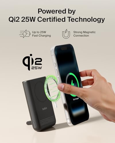 Belkin 10000mAh Qi2.2 25W MagSafe Power Bank w/Kickstand & Display | Wireless Charging Battery Pack, iPhone 17, Air, Pro, Pro Max, Google Pixel 10, Digital Battery Display, Magnetic - color: Black