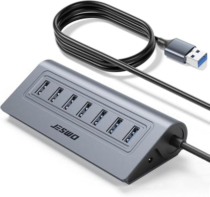 USB Hub 3.0, JESWO Aluminum 7 Port USB 3.0 Hub with 3.3Ft Cable, USB Splitter with 7-USB3.0 Data Ports Compatible with MacBook, Laptop,Surface Pro, PS5, PC and More (No Power Adapter Included) - color: Grey