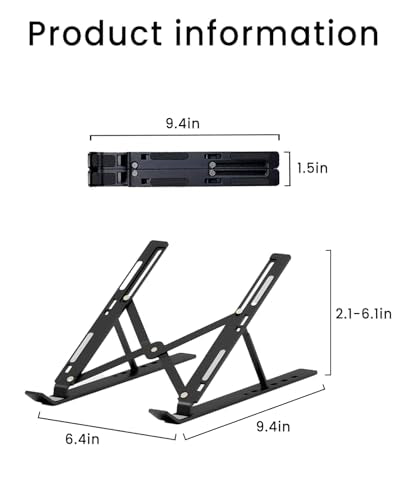 Adjustable Aluminum Alloy Laptop Stand for Desk, Portable Laptop Riser with 6-Level Height, Foldable Ergonomic Laptop Holder, for 10-15.6” Laptops and Tablets - Black - color: Black