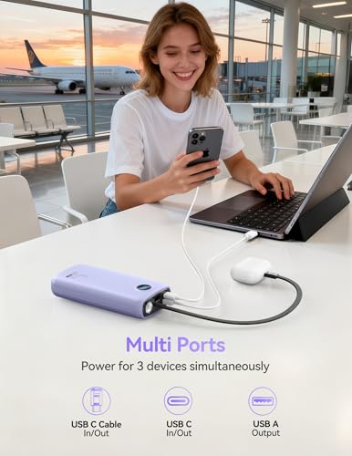 DIAMUAR Portable Charger 20000mAh 45W, Built in USB C Cable, 3W Flashlight | Fast Charging, Digital Display, 3 Ports, All-Day Power, Travel-Ready, for iPhone 17/16/15, Tablet, Laptop, Camping Essentials - color: Purple