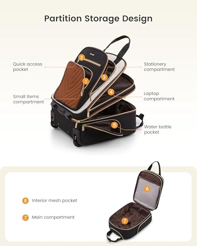 LOVEVOOK Underseat Carry On Luggage with Wheels, Stylish Under Seat Luggage with Giant Tumbler Holder Pocket, Soft Sided Small Suitcase for Travel, Work - color: Black-White-Chestnut