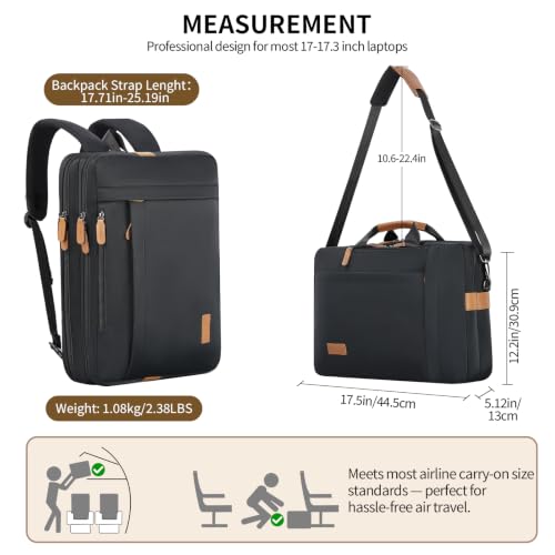 ESTARER 3 In 1 Laptop Bag for Men, 17-17.3 Inch Laptop Backpack Computer Satchel Bag for Work/Travel/Business, Convertible Briefcase Water resistant Nylon Messenger Backpack (Black) - color: Nylon Black