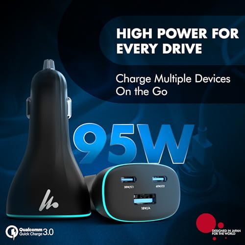 PD 95W Superfast Charging 2.0 Wozoyo Car Charger, with 2XType C & USB-A, PPS & QC 3.0, Triple Port (65W + 30W + 18W), 12V–24V Compatible, Multi-Layer Protection, 2-Years Manufacturer Warranty